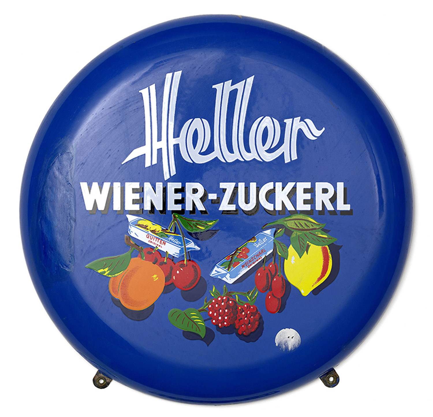 Werbeschild der Wiener Bonbon Firma Heller mit dem Text Wiener Zuckerl und aufgemalten bunten Früchten 