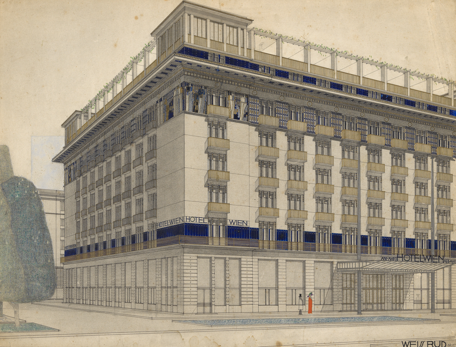 Entwurf des Hotel Wiens mit detailreich gezeichneter Fassade 