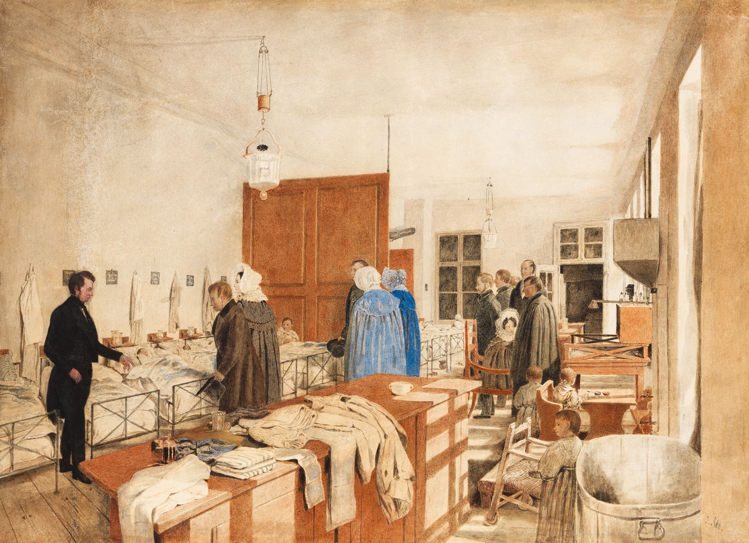 Einblick in ein Kinderspital mit aufgereihten Betten davor das Kaiserpaar mit Entourage