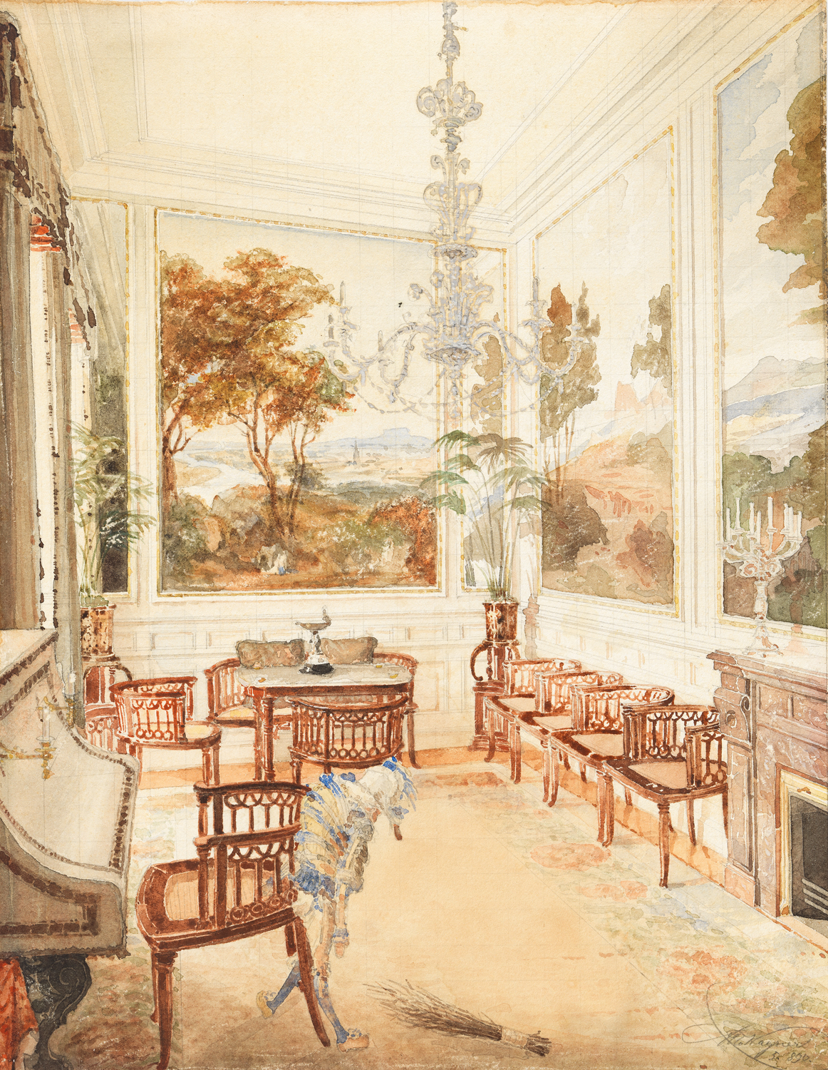 Aquarellierte Zeichnung des Salons mit Sitzgelegenheiten, Luster und Tapeten mit Landschaftsdarstellungen