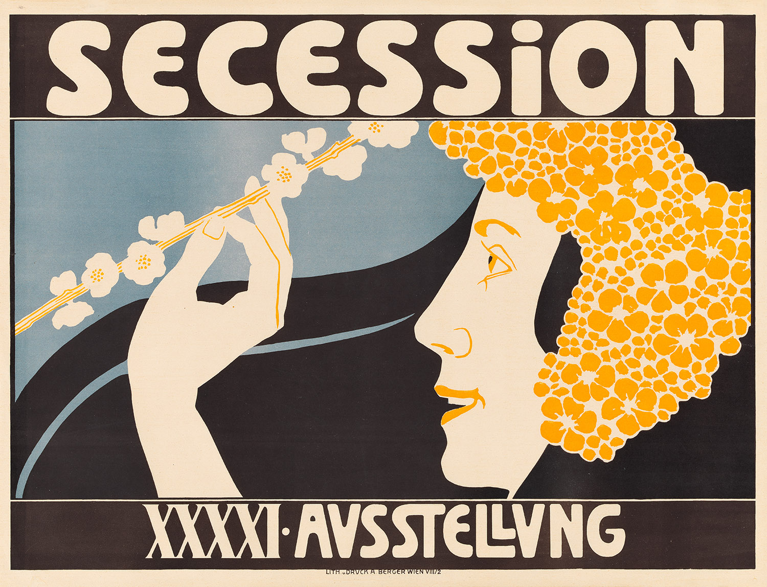 Plakat für die 41. Ausstellung der Secession zeigt Seitenporträt Blüten in der Hand haltend