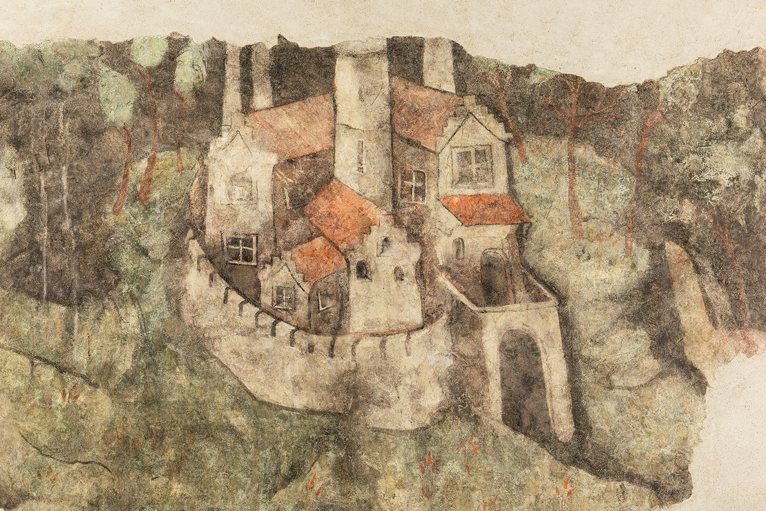 Detail der Fresken mit einer Burg 