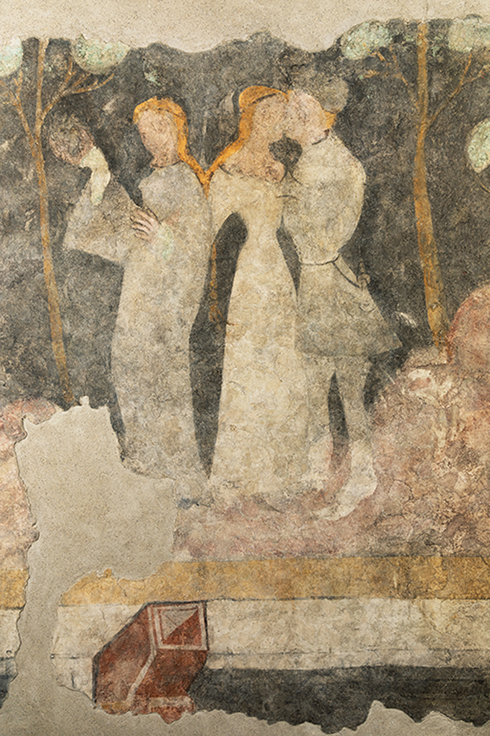 Detail der Fresken mit einem Liebespaar und einer weiteren Figur 