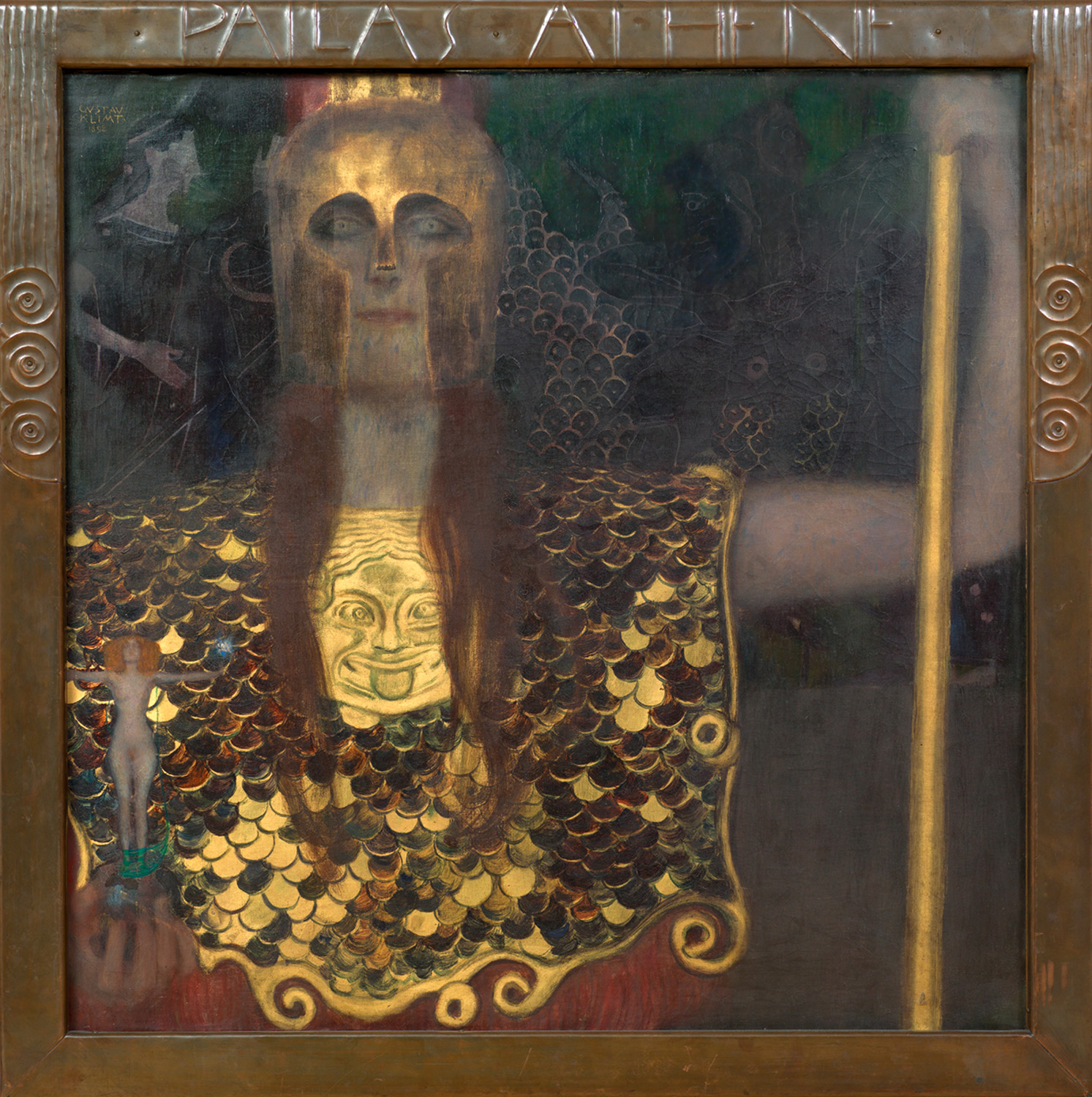 Darstellung der Pallas Athene mit einem goldenen Helm und Brustpanzer, in der rechten Hand hält sie eine nackte Figur die als Nuda Veritas - Nackte Wahrheit- gedeutet werden kann