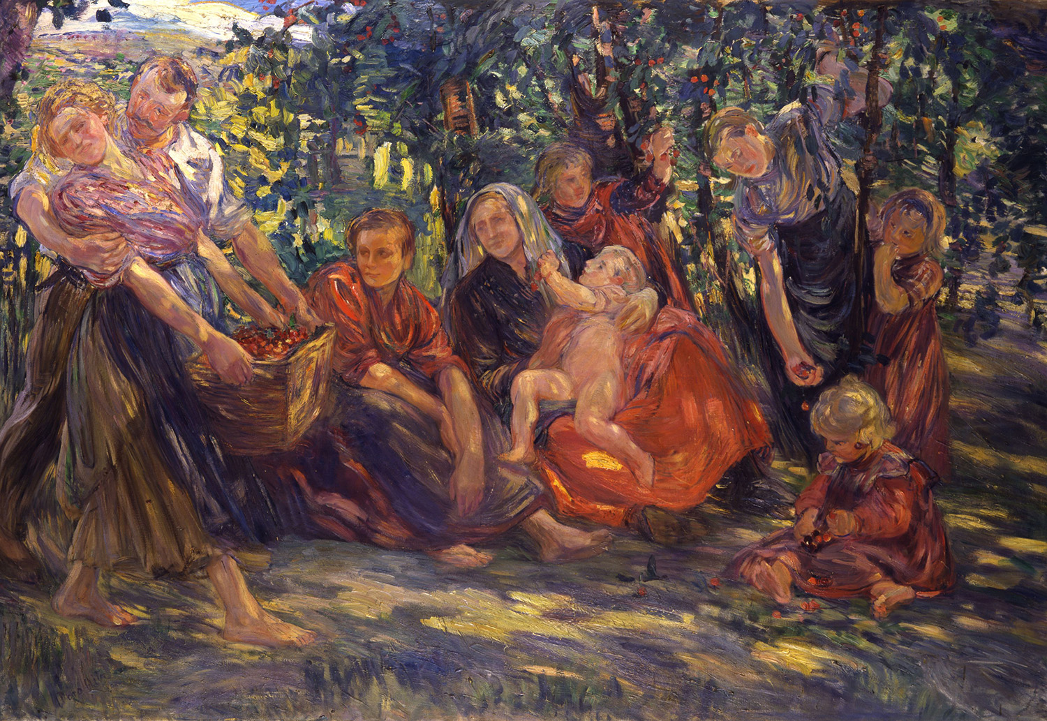 In spätsommerlichem Licht und Farbe schiebt sich die Darstellung der Lebensalter: zentral eine Mutter mit Kind; links von ihr eine ältere Frau, die sich zu einem im Gras sitzenden Kind herunterbeugt; rechts von ihr ein Mädchen und eine junge Frau, die von einem Arbeiter stürmisch umworben wird.