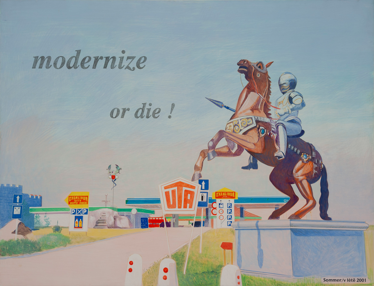 Im Vordergrund ist auf einem Sockel ein braunes Pferd mit einem in Rüstung gekleideter Person zu sehen, im Hintergrund eine Tankstelle. Auf dem Gemälde ist "modernize or die" zu lesen 