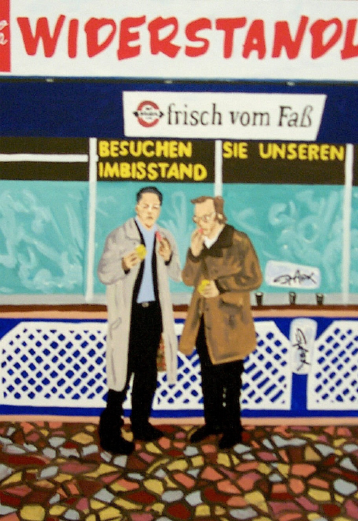 Zwei Männer vor einem Imbiss mit der Aufschrift "Besuchen Sie unseren Imbisstand" und der Überschrift Widerstandl