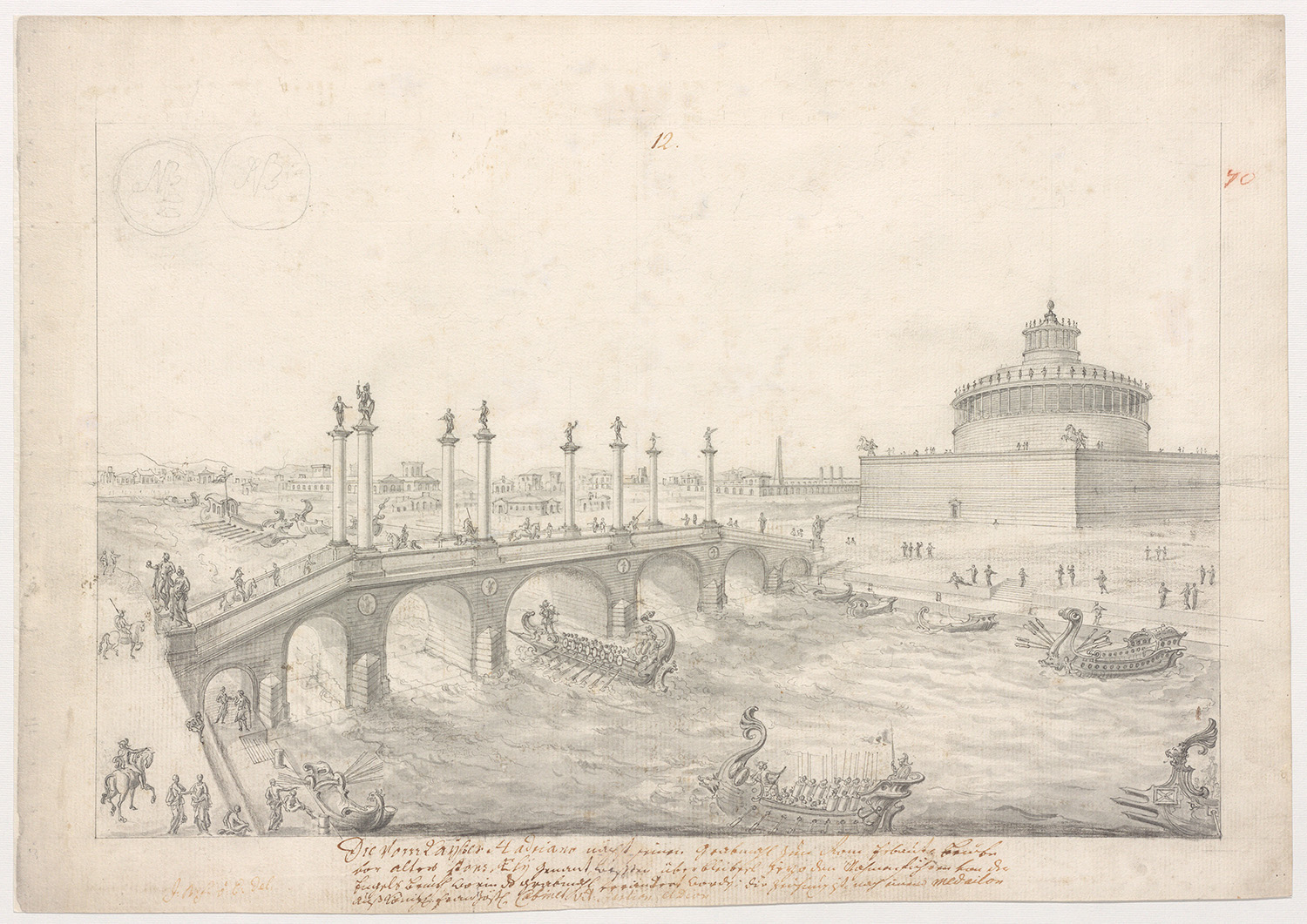 Eine Brücke über einen Fluss führt zu dem Mausoleum auf der rechten Seite. Auf dem Fluss sind viele Boote zu sehen und auch Personen, teilweise mit Pferden, überqueren die Brücke.