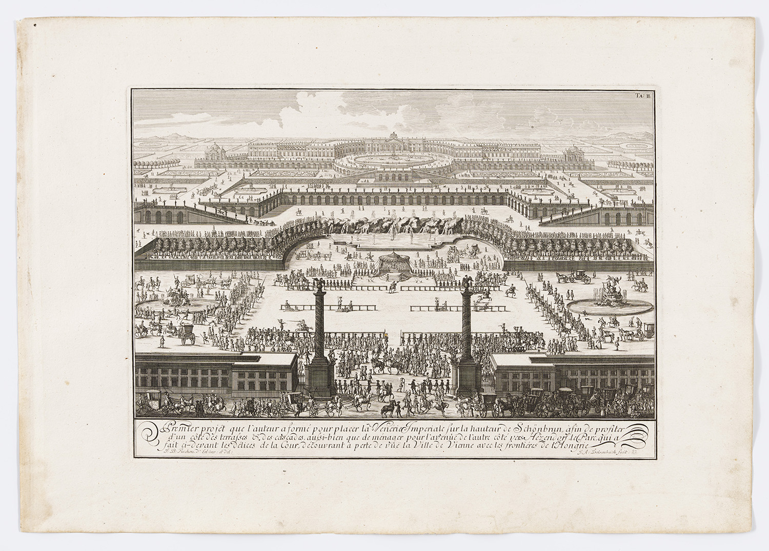 Panoramaartige Zeichnung eines Entwurfs für Schönbrunn,  schräg von oben die das gesamte Areal davor zeigt. Mit vielen Menschen, Kutschen und Pferden