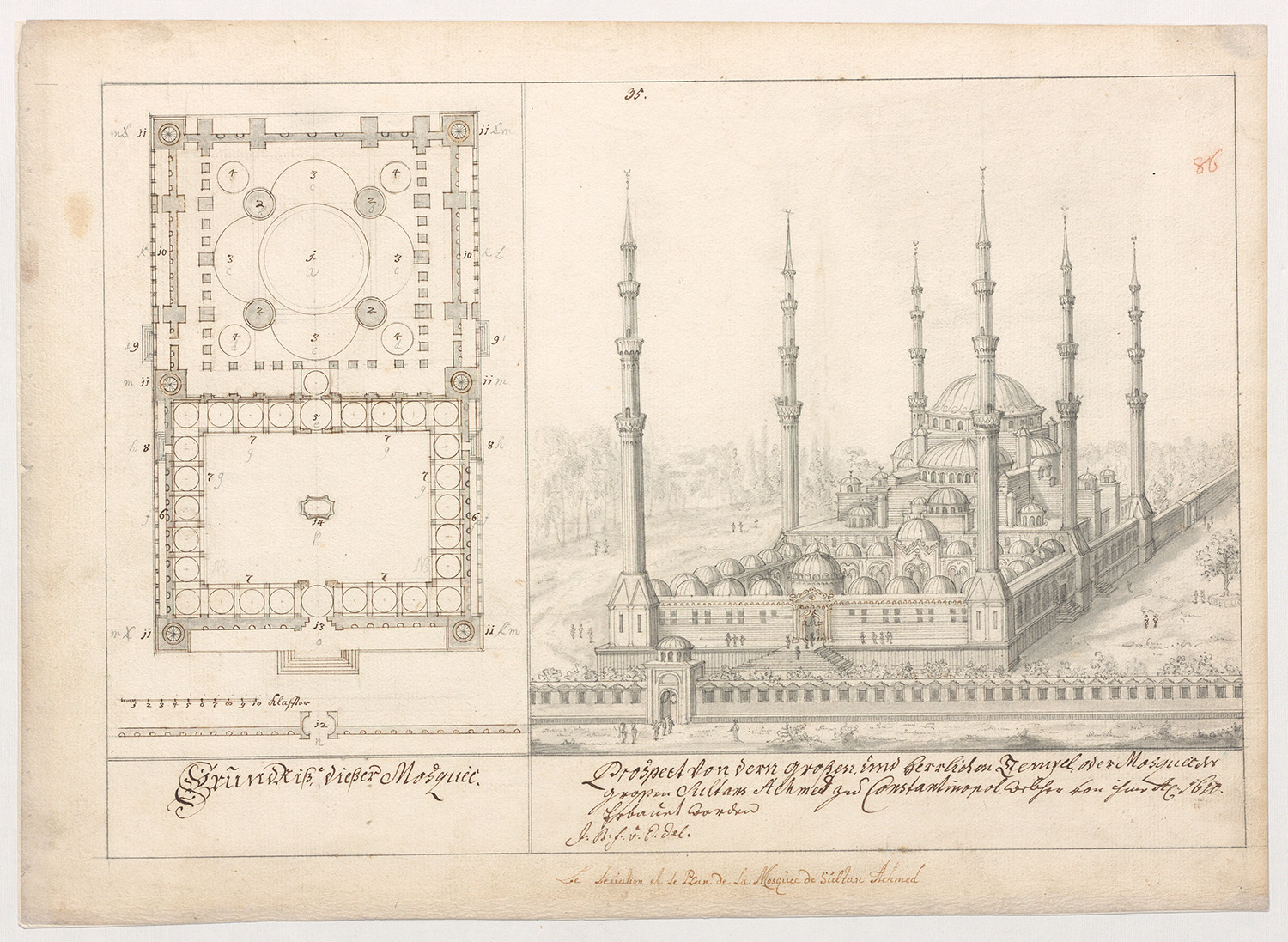 Auf der linken Seite der Zeichnung ist der Grundriss der Moschee, auf der rechten Seite ist sie im in ihrer Gesamtheit zu sehen.
