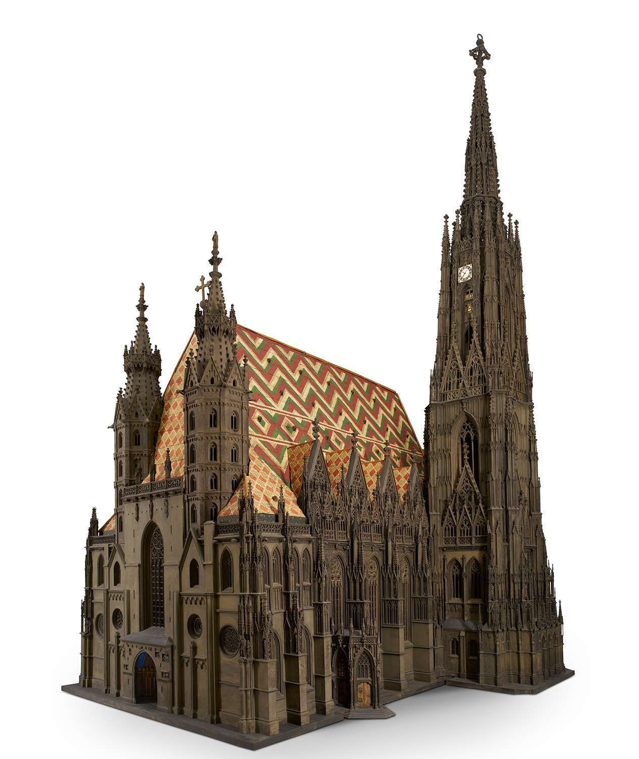 Detailliertes Architekturmodell des Stephansdom aus Holz und Karton im Maßstab 1:25, Blick auf den Südturm