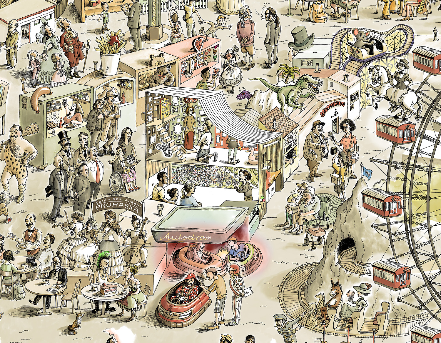 Wimmelbild auf dem sehr viele Menschen im Prater zu sehen und im Zentrum das neue Pratermuseum