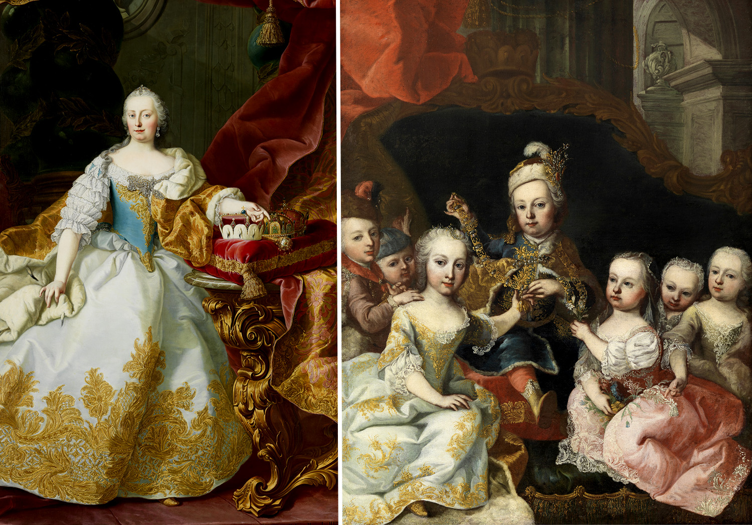 Porträt von Maria Theresia in weiß/blauem Kleid mit all ihren prunkvollen Insignien & Joseph und Schwester links, Handhaltung mit Collane und Juwelen