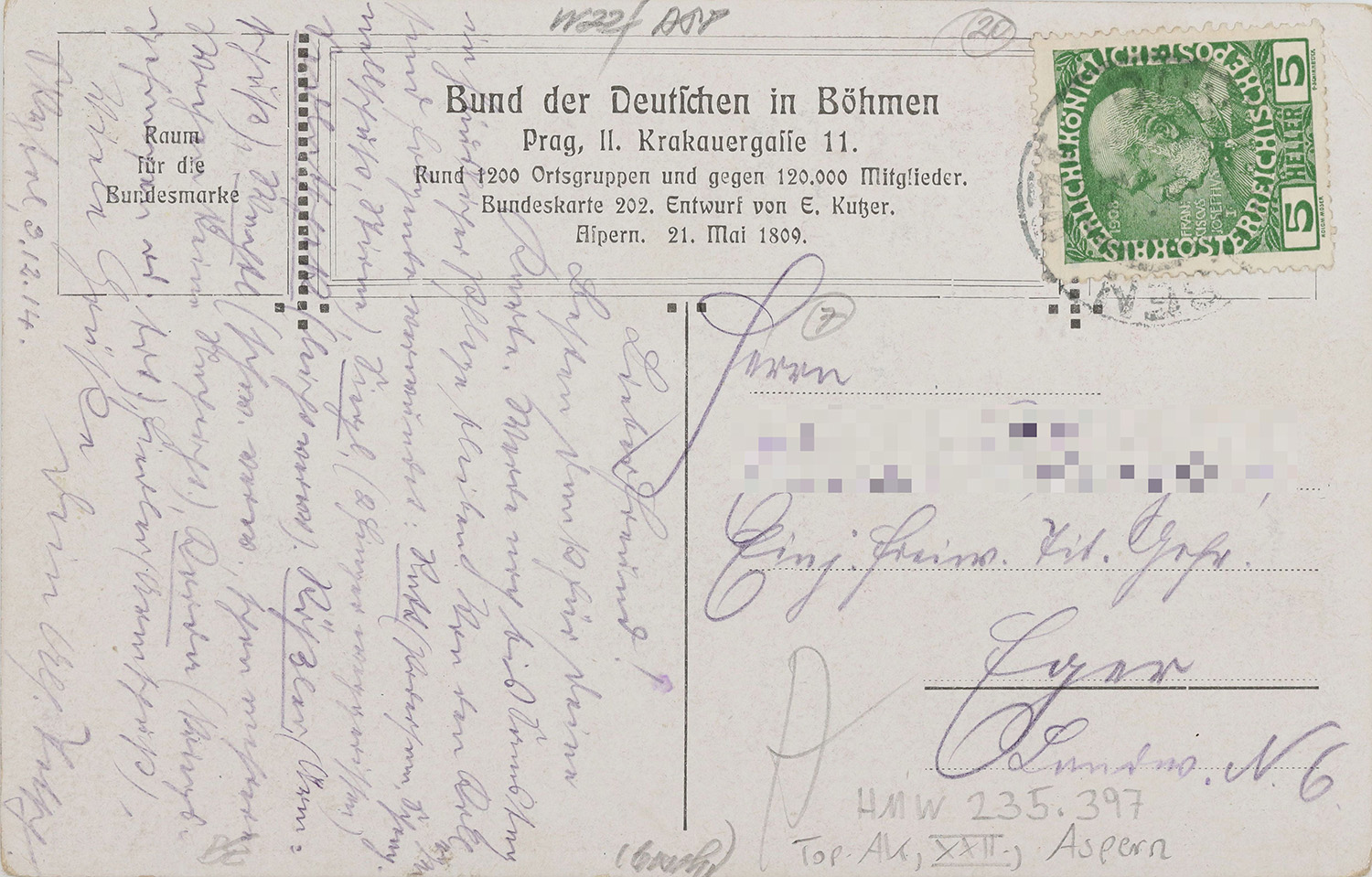 Rückseite einer beschriebenen Postkarte