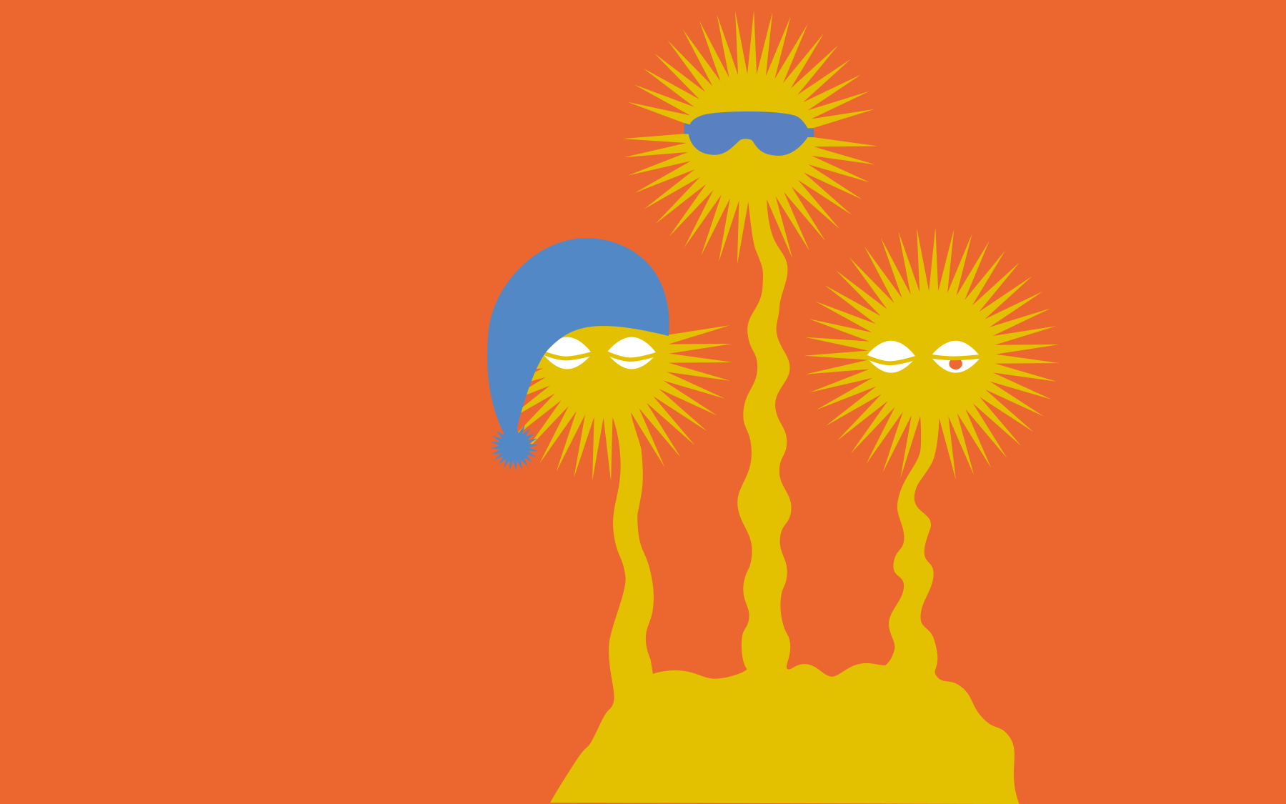 Dreiköpfiges Monster in gelb vor einem orangen Hintergrund