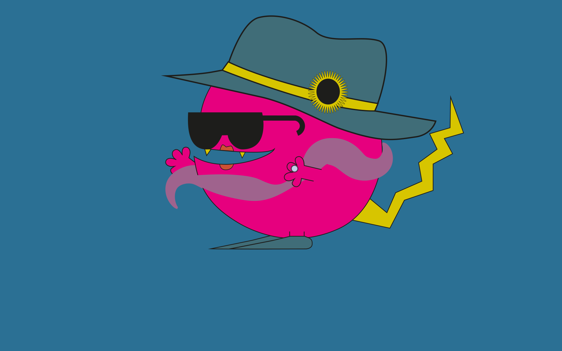 Rundes rosa Monster mit Sonnenbrille, Hut, langen Haaren und gelben Schwanz