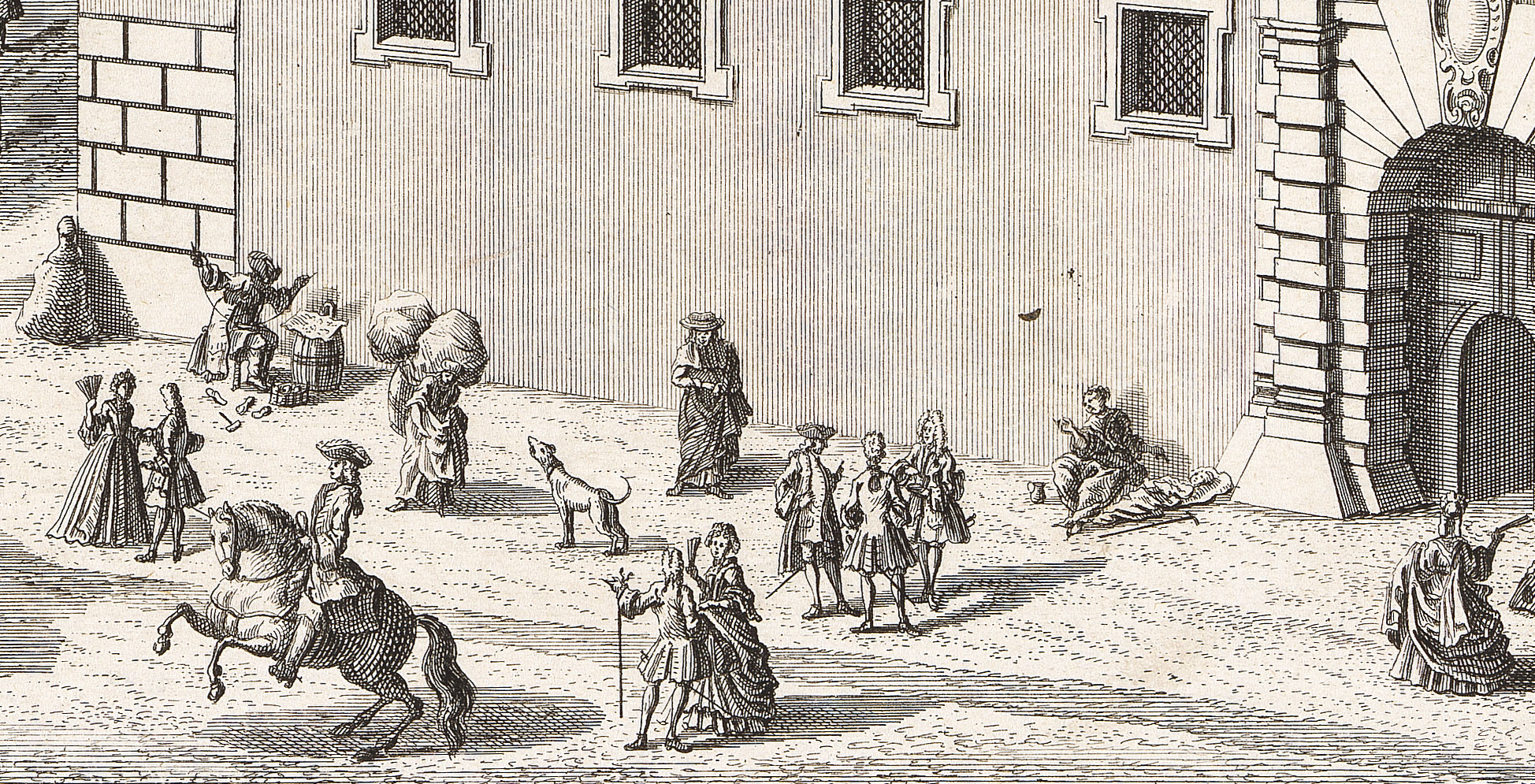 Kupferstich der Kirche mit Menschen und Kutschen im Vordergrund