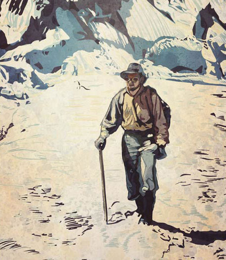 Mann wandert durch den mit Schnee bedeckten Himalaya