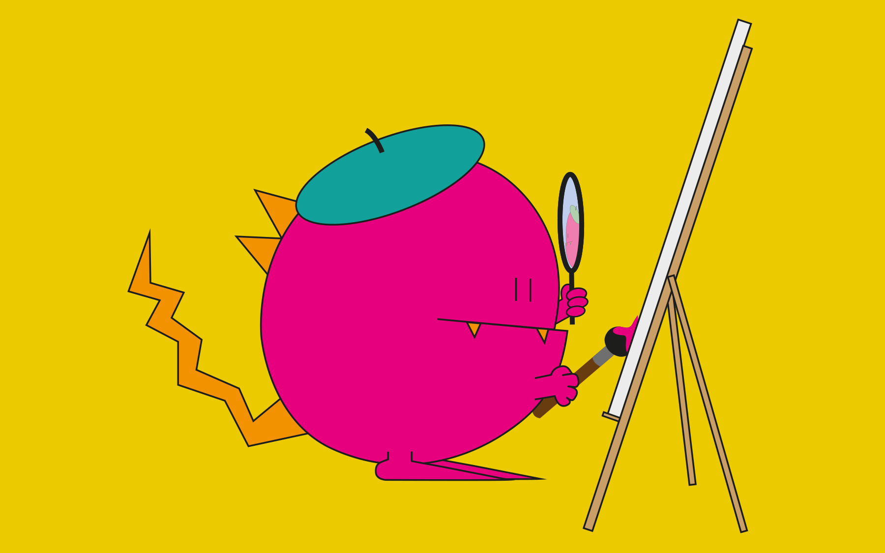 Pinkes Monster mit Basknmütze steht vor einer Leinwand mit Pinsel und Spiegel