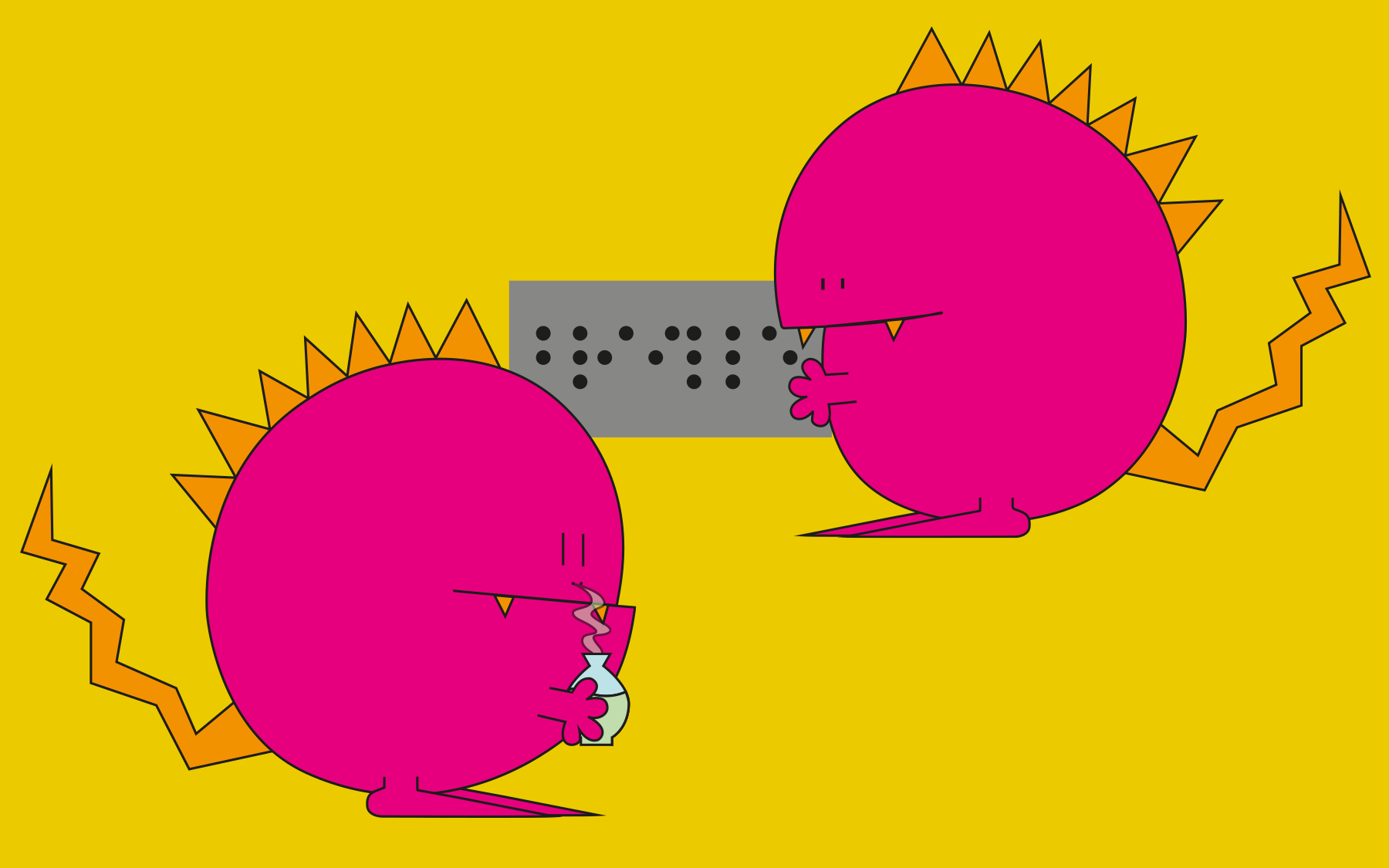 Zwei runde pinke Monster, eines mit einem Parfumflakon und eines mit einem Schild und Brailleschrift