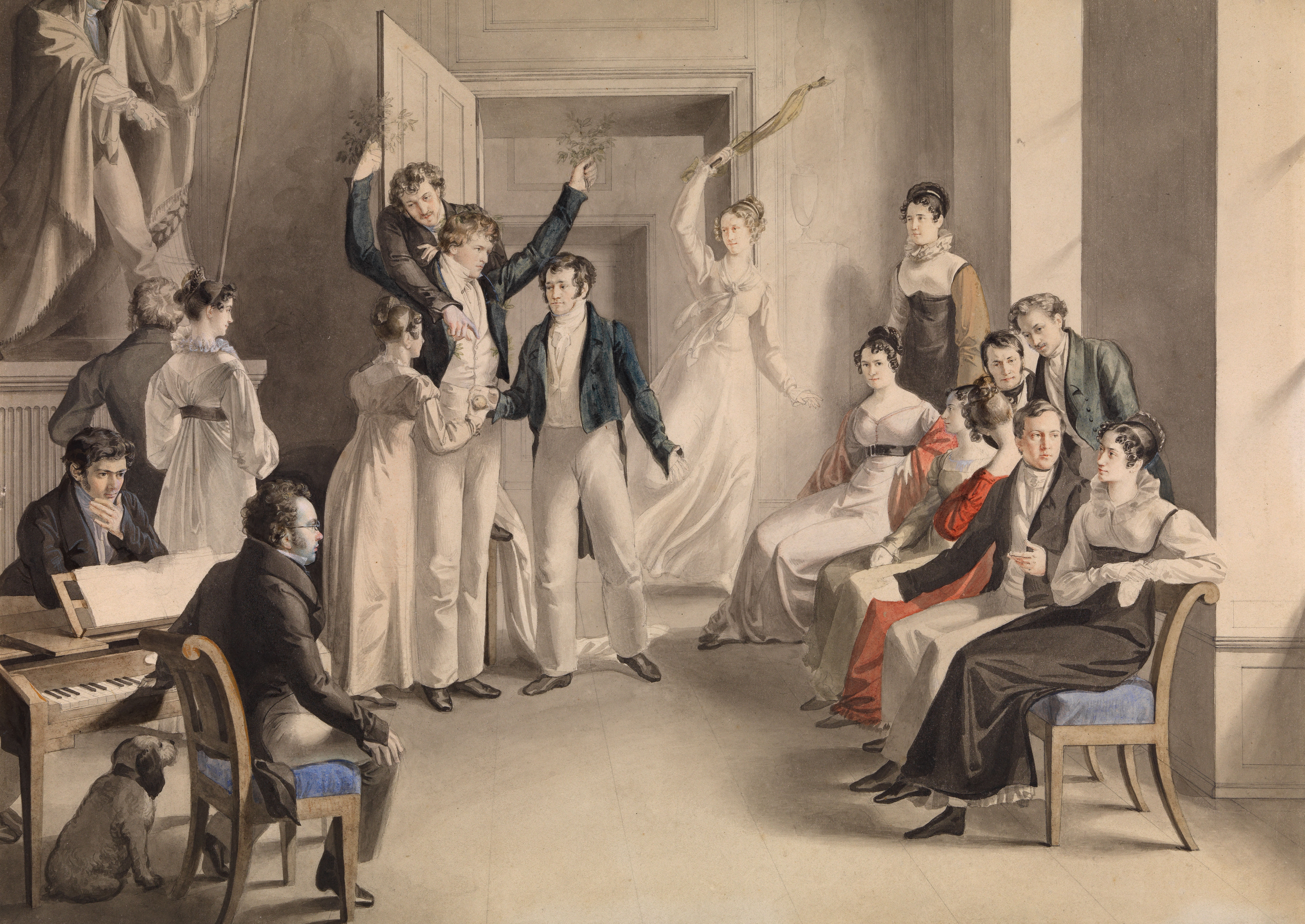 Rund um Schubert am Klavier tanzen Damen und Herren in einem Salon