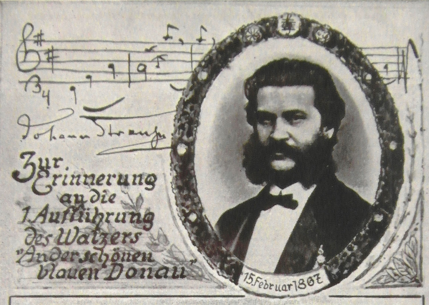 Noten, Text und Bild von Strauss in Medaillon