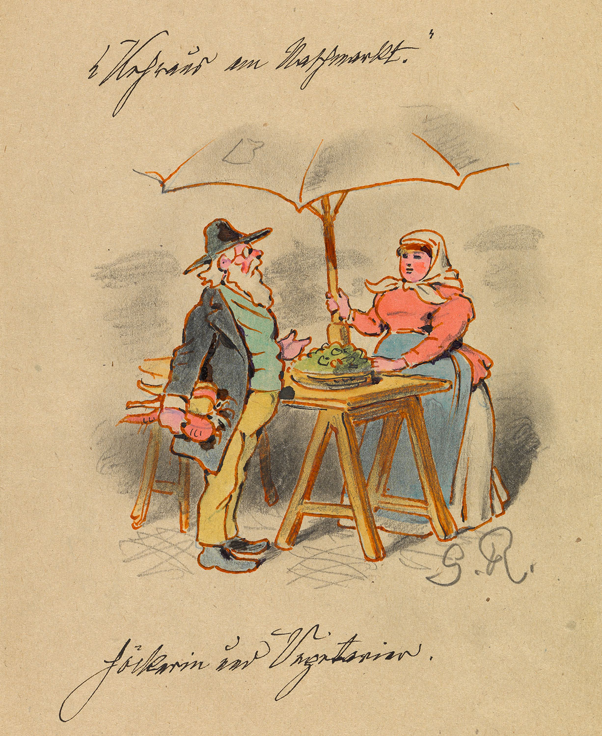 Mann mit Hut und Rüben in der Hand steht vor einem Tisch hinter dem die Verkäuferin unter einem Sonnenschirm steht.