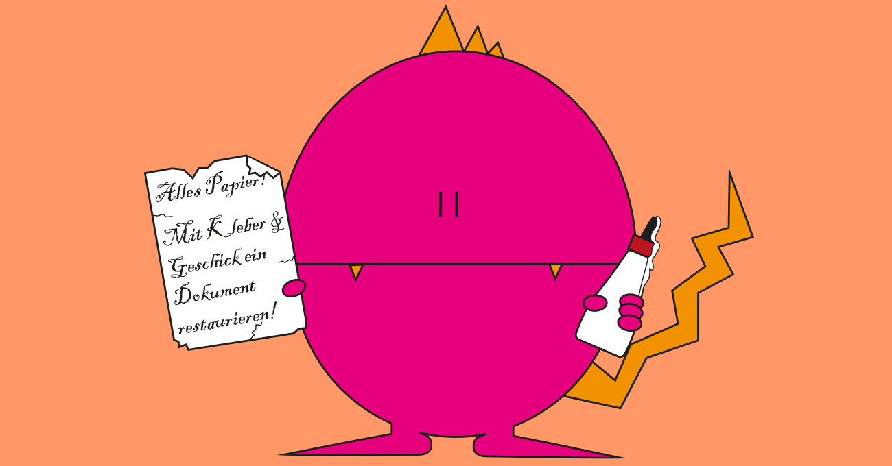 Rundes pinkes Monster mit einem Stück Papier mit der Aufschrift