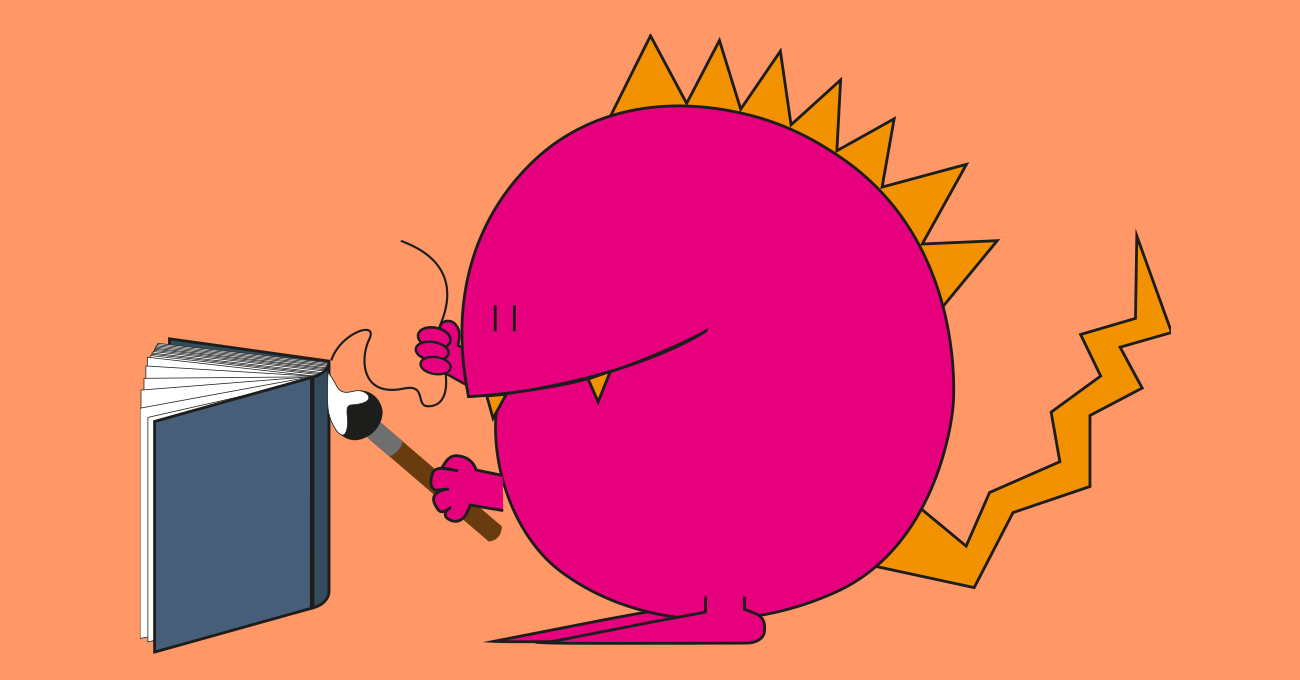 Rundes pinkes Monster vor einem Buch mit einem Faden in der einen Hand und einem Pinsel in der anderen Hand