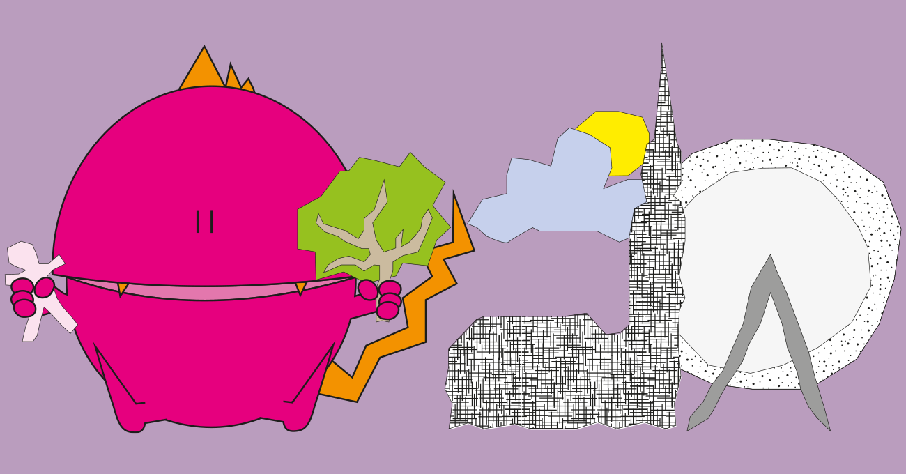 Rundes pinkes Monster mit verschiedenen Papierschnitten, zB. Stephansdom, Riesenrad, ein Blatt, Sonne und Wolke