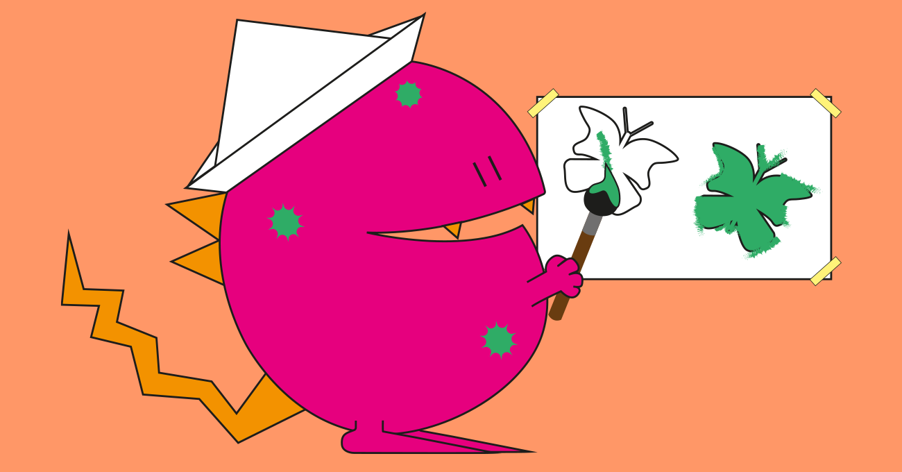 Rundes pinkes Monster mit Papierhut und einem Blatt Papier und Schablone eines Schmetterlings und Pinsel und grüner Farbe