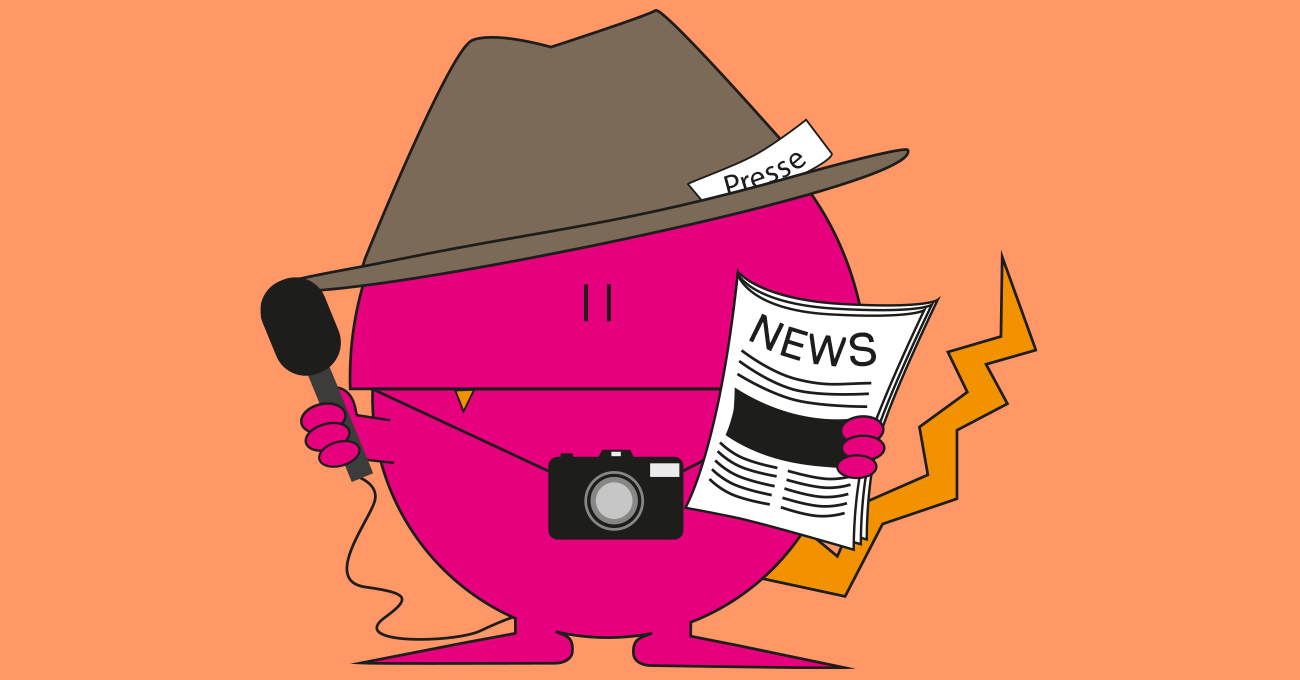 Rundes pinkes Monster mit Hut, Zeitung, Kamera und Mikrofon 