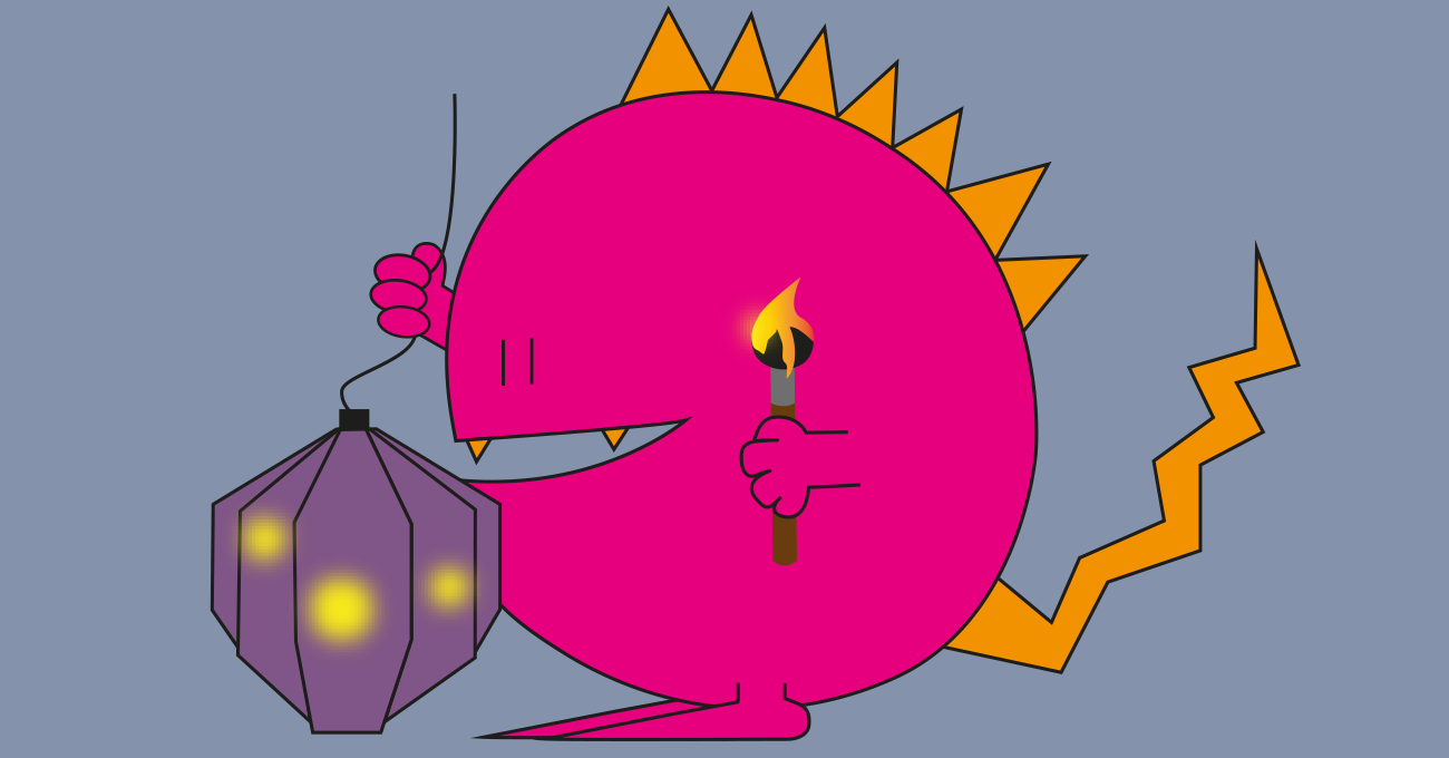 Rundes pinkes Monster mit Pinsel und einem Lampion