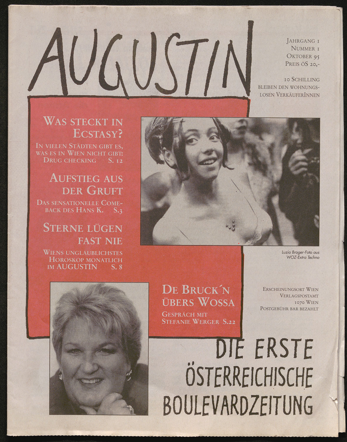 Titelblatt der österreichischen Boulevardzeitung AUGUSTIN zeigt unter anderem Stefanie Werger, ein Mädchen auf einem Techno Event und diverse Titel von Artikeln.