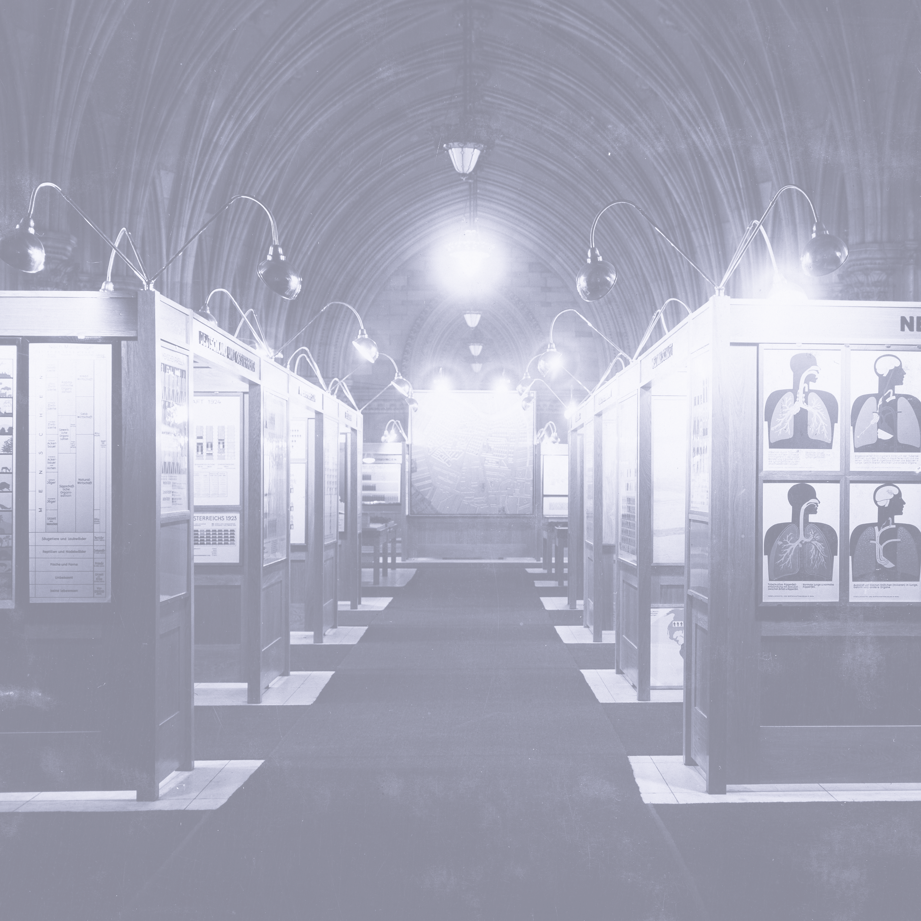 Schwarz-Weiß-Fotografie: Ausstellung, die beleuchtete Informationstafeln mit Diagrammen und Illustrationen zeigt