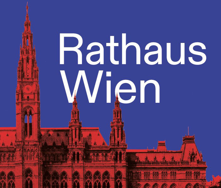 Wiener Rathaus in rot auf blauem Hintergrund.