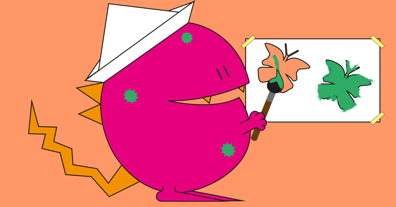 Rundes pinkes Monster mit Papierhut und einem Blatt Papier und Schablone eines Schmetterlings und Pinsel und grüner Farbe