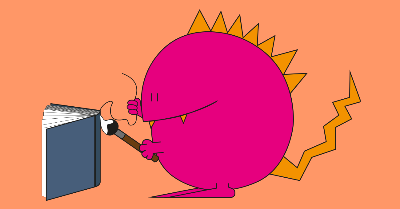Rundes pinkes Monster vor einem Buch mit einem Faden in der einen Hand und einem Pinsel in der anderen Hand
