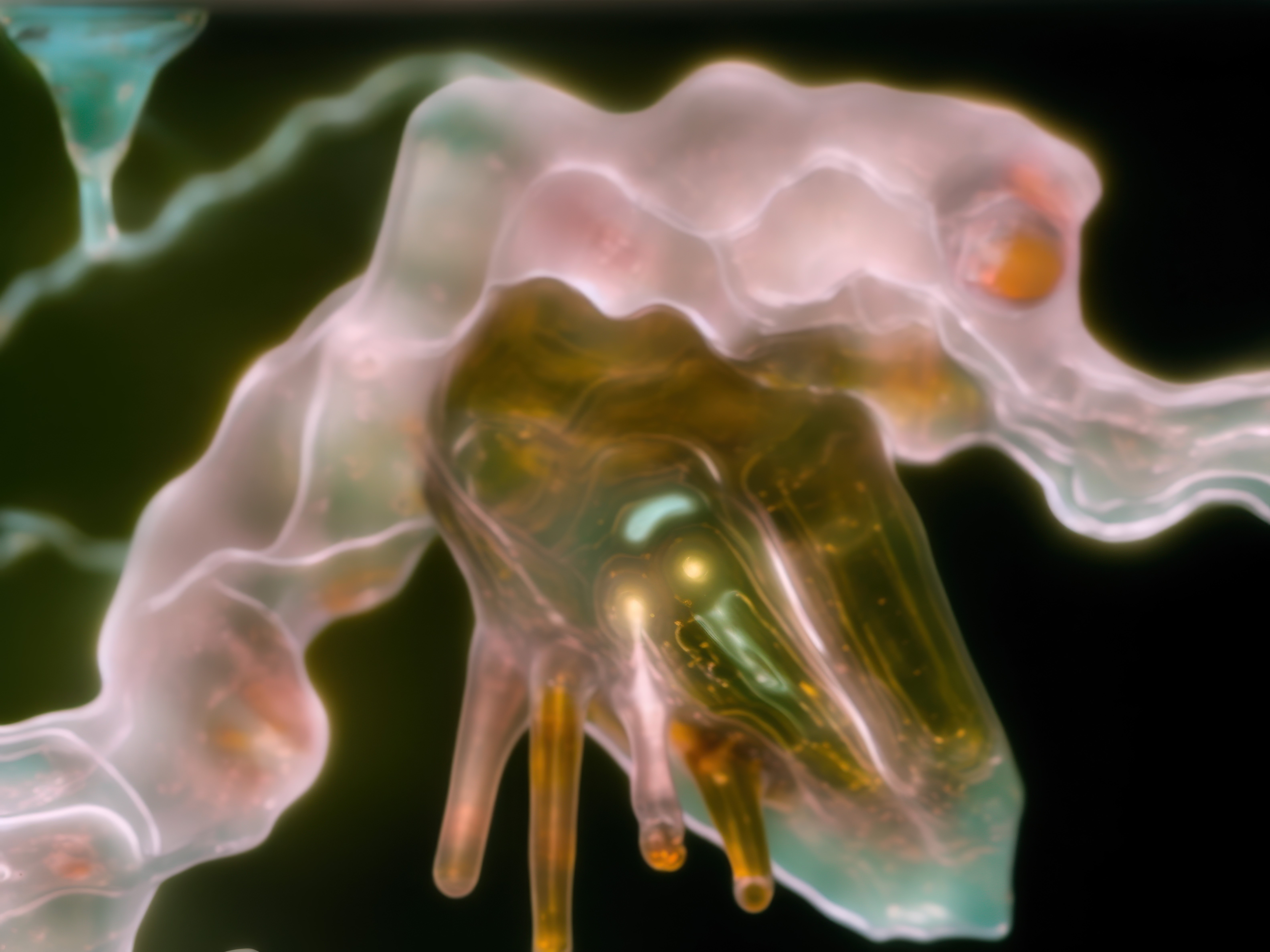 Makroaufnahme einer rosa, grün und gelb gefärbten Pflanze. 