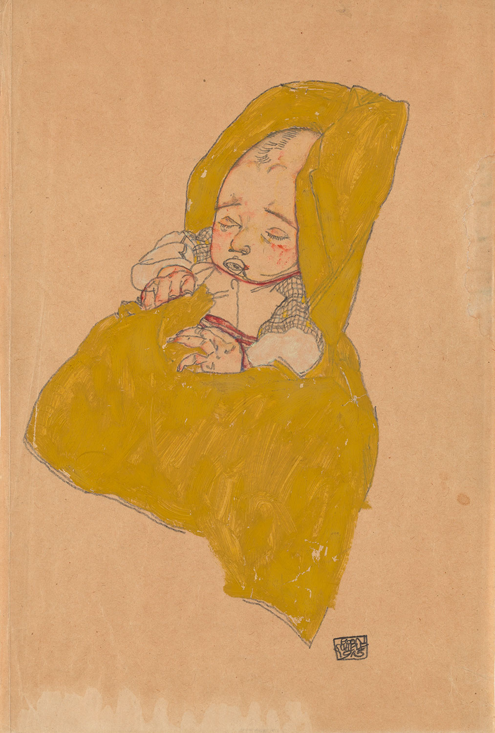 Schlafendes Baby eingewickelt in einem gelben Tuch