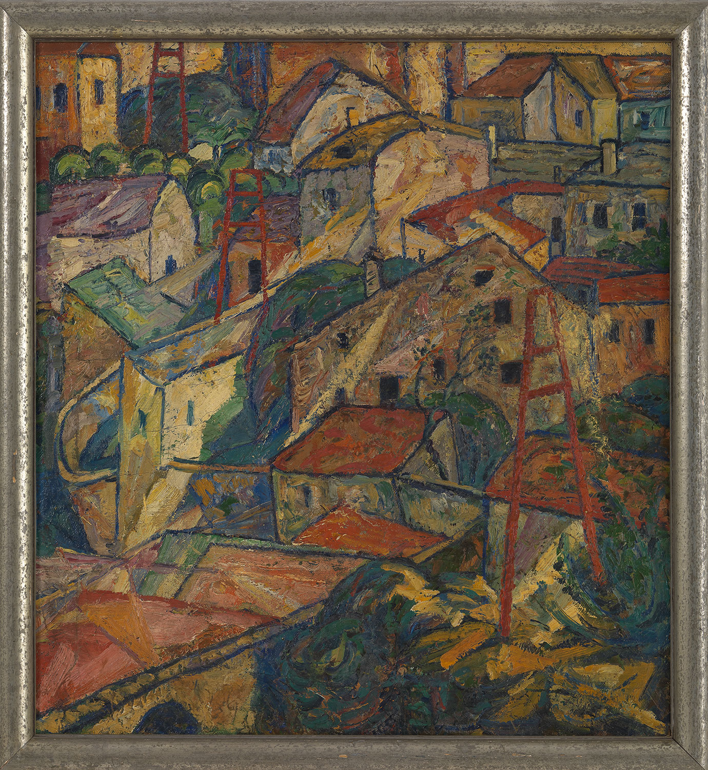 Gestaffelt dargestellte bunte Häuser einer Stadt