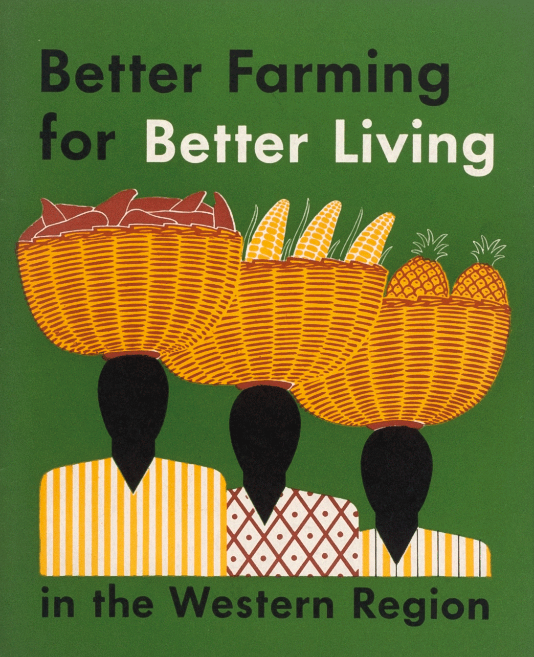 Grünes Cover mit drei abstrakten Personen mit Körben auf den Köpfen mit verschiedenen Nahrungsmittel