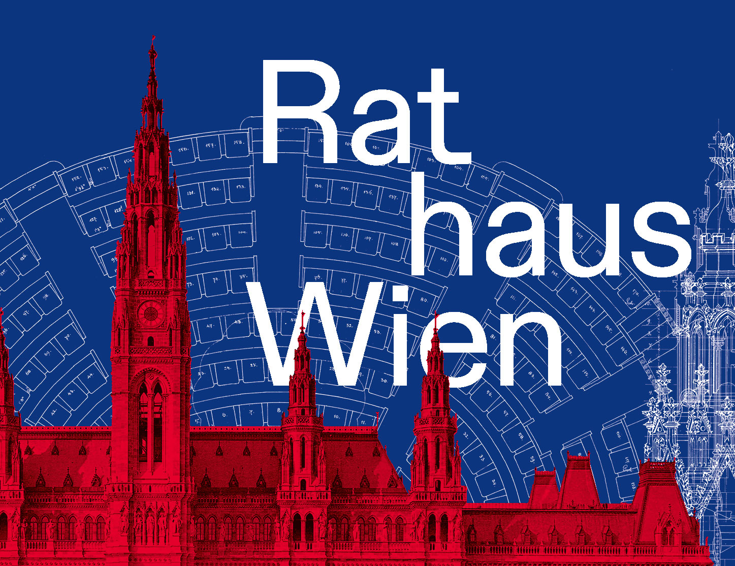 Blauer Hintergrund mit dem rot eingefärbten Rathaus und dem Buchtitel