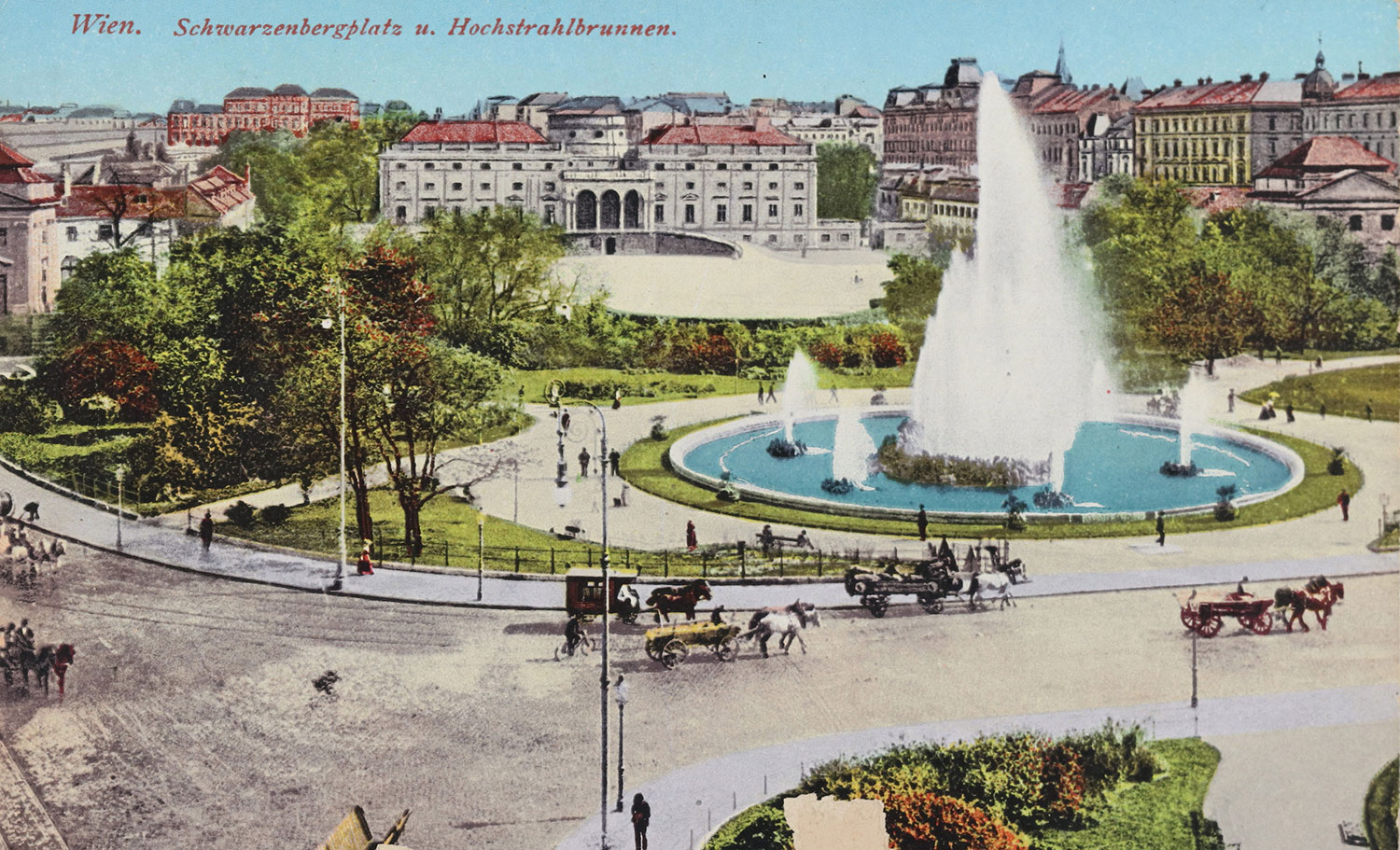 Bunte Postkarte mit Schwarzenbergplatz - mit Hochstrahlbrunnen und Schwarzenbergpalais und Kutschen die auf der Straße fahren 