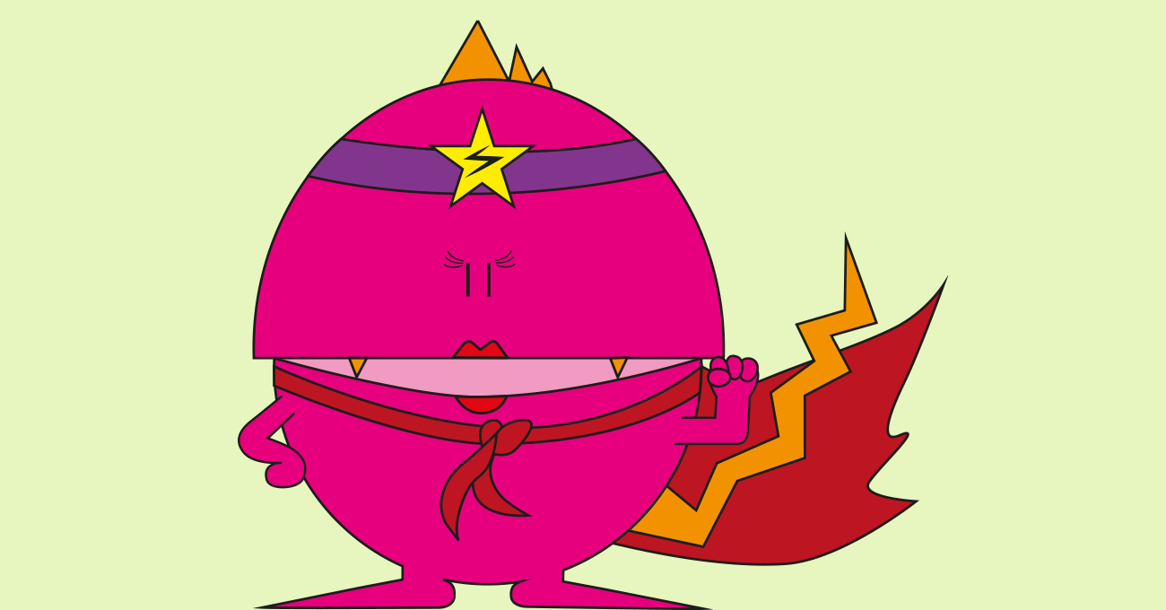 Rosa rundes Monster mit Superhelden Kostüm