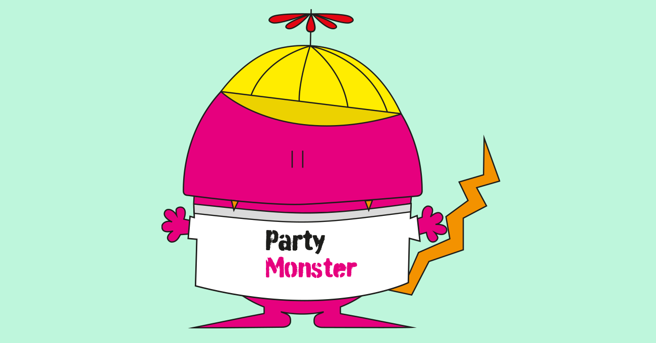 Rosa rundes Monster gelber Kappe und einem T Shirt mit der Aufschrift Party Monster