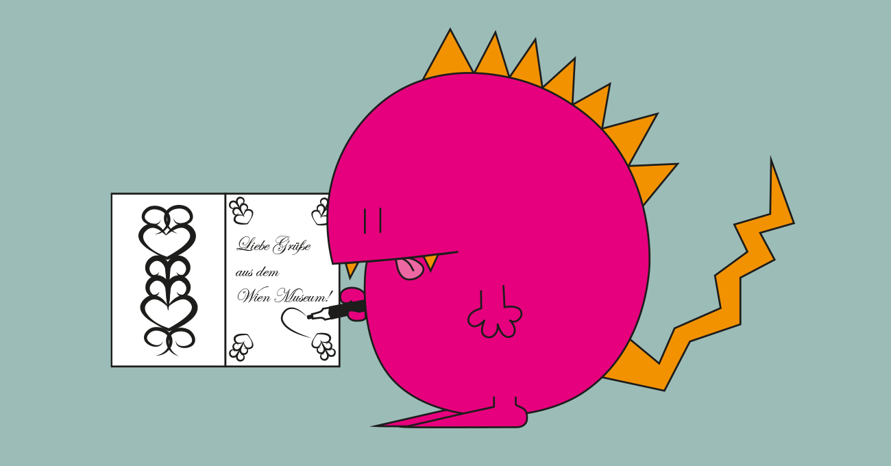 Rosa rundes Monster mit einer Karte mit dem Text 