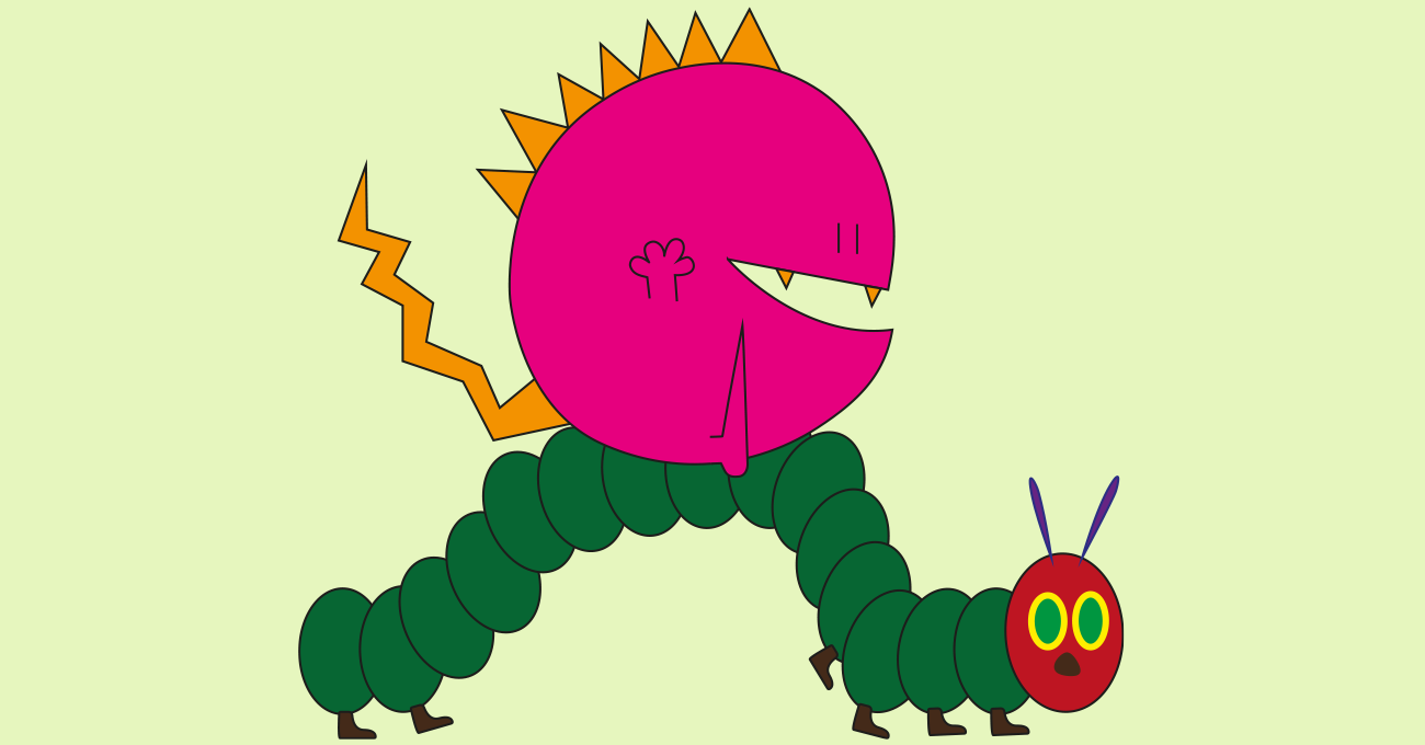 Rosa rundes Monster reitet auf einer großen grünen Raupe