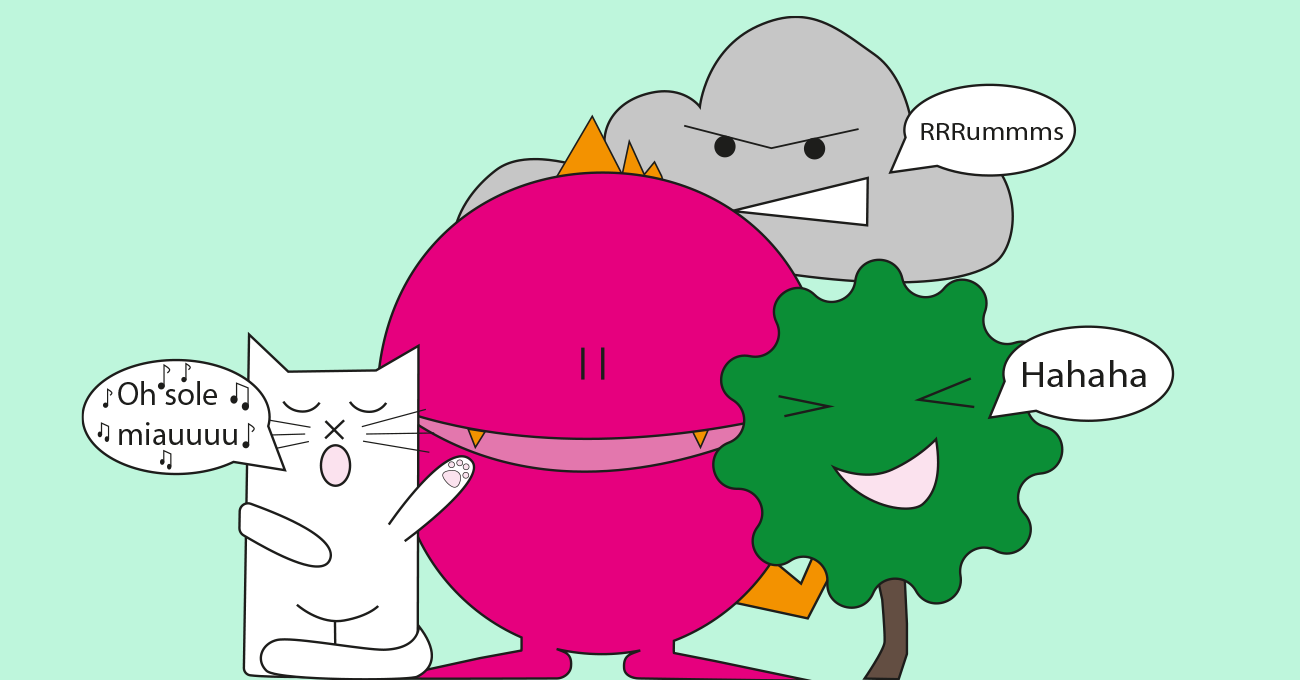 Rosa rundes Monster zwischen einer sprechenden Katze, einem sprechenden Baum und einer sprechenden Wolke