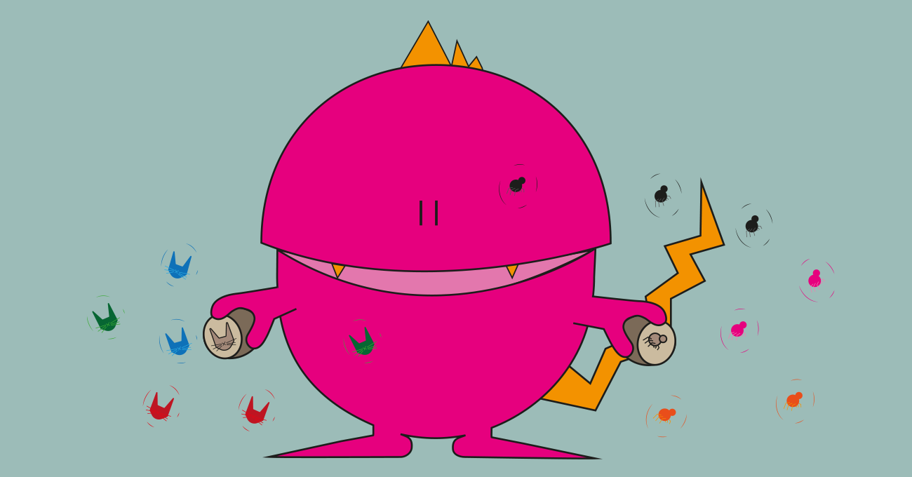 Ein rundes, rosa Monster mit Katzen- und Ameisenstempel und deren Abdrücken.